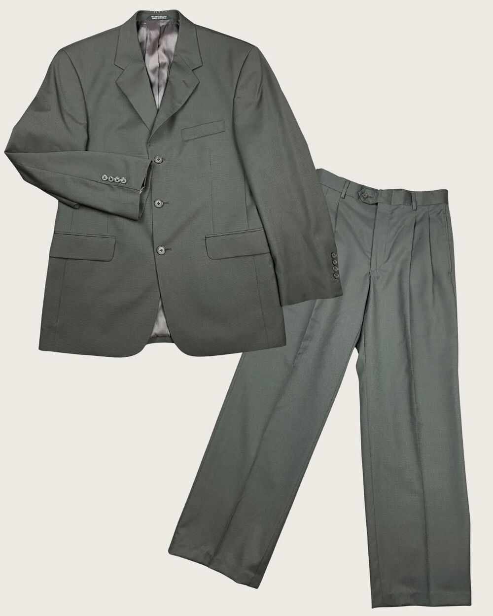 Stafford Mens Olive Green Wool Suit Set 2PC Jacket Pants 38R 29x29 Vintage